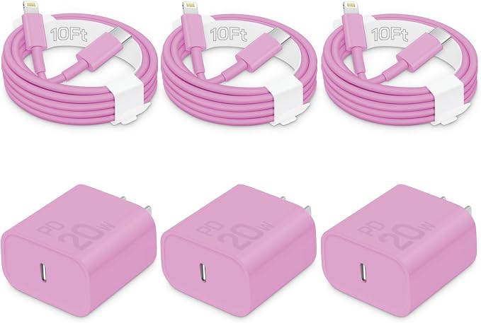 20W Fast Charger for iPhone 14/13/12 [3-Pack, MFi Certified] | USB-C PD power adapter with 10Ft cable, compatible with iPhone 14/13/12/11/Pro Max/Pro/Plus/Mini, iPad & more - Pink by CXX