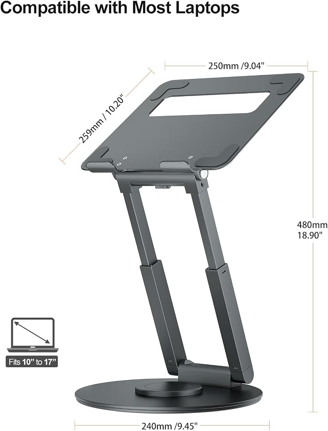 tounee Telescopic Laptop Stand for Desk with 360° Swivel Base, Sit to Stand, Height Adjustable, Portable Riser Holder for Good Posture, Compatible with MacBook Pro, All Laptops 10-17"-Gray - Image 4