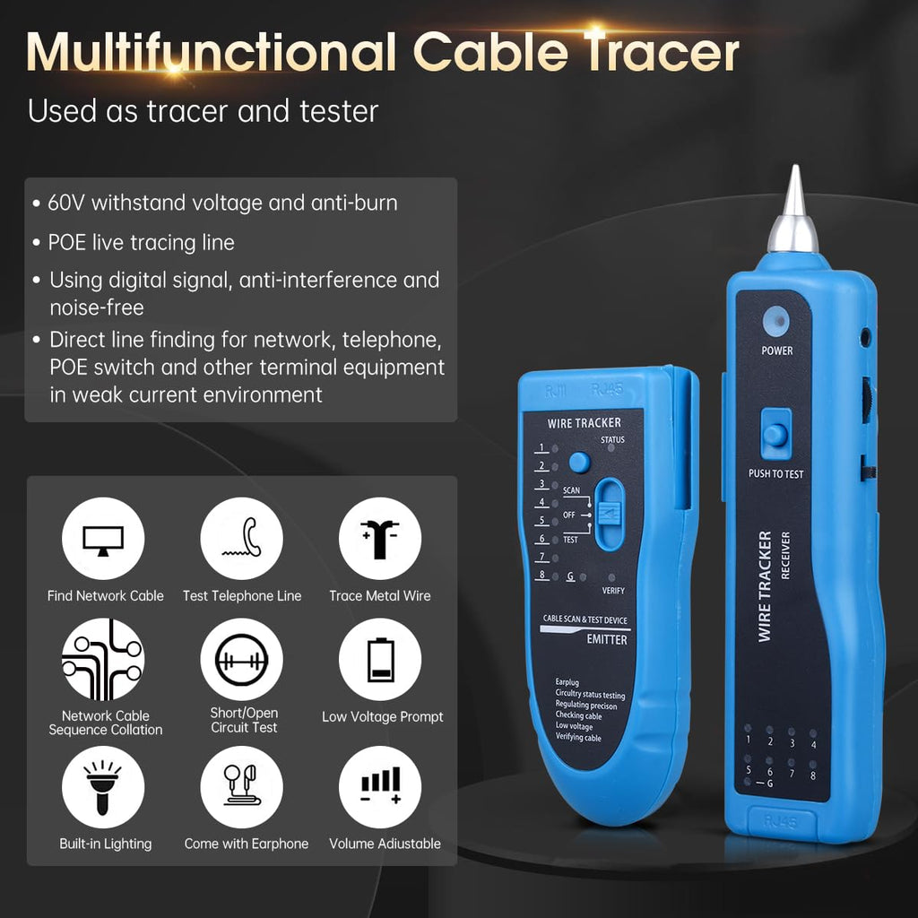 Cable Tracer Ethernet Network Cable Tester RJ45 RJ11 - Wire Toner Tracker CAT5 CAT6 Continuity Tester - Tone Generator and Probe Kit Telephone Line Finder Locator Detector Tool - Blue - Image 3