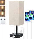 Beige Touch Table Lamp for Bedroom - Dimmable, USB C+A, 2 AC Outlets | 3-Way Dimming, 3000K Bulb Included, Square Beige Lampshade and Black Base, Desk Lamp for Nightstand, Living Room, Dorm by Aooshine