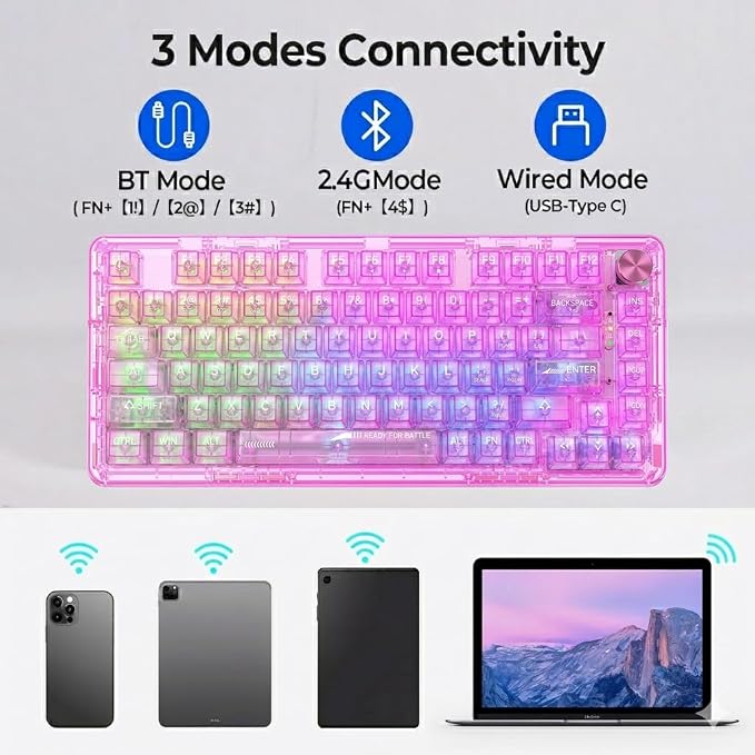 RisoPhy Wireless Mechanical Gaming Keyboard, Tri-Mode, RGB Backlit, Pink | Bluetooth/Wireless/Wired, Transparent Keyboard Clear, 81-Key Hot-Swappable Anti-Ghosting Compatible for Computer, PC/Mac - Image 3