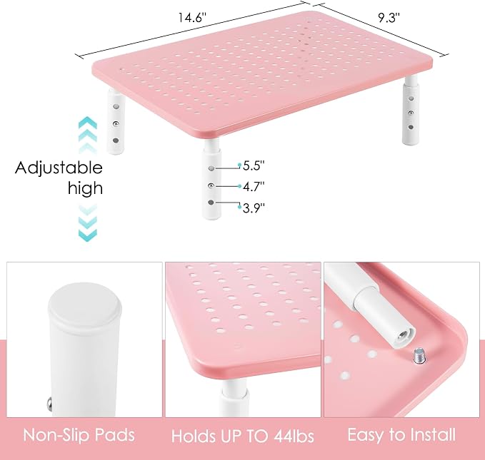 2 Pack Monitor Riser Desktop Stand Flat Screen TV Monitor Stand Pink | 3 Height Adjustable PC Stand with Mesh Platform Sturdy Metal Laptop Computer Monitor Stand Shelf for Printer, iMac - Image 5