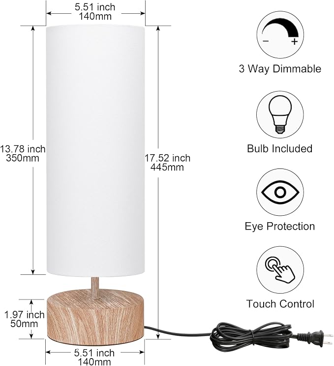 Touch Table Lamp with Wood Grain Metal Base, 3 Way Dimmable Bedside Lamp | Modern Nightstand Desk Lamp with White Shade, Simple Night Light for Bedroom Living Room Home Office, LED Bulb Included - Image 2