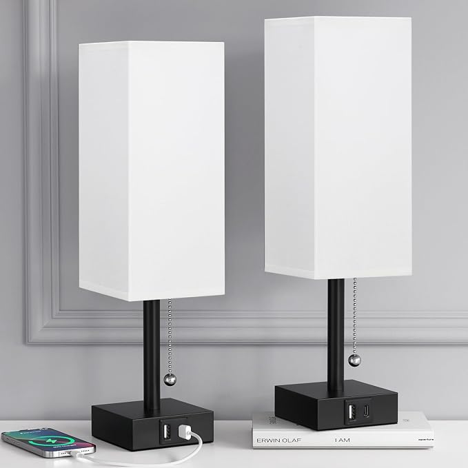Set of 2 White Bedside Table Lamps for Bedroom - Nightstand Lamp, USB C+A | Pull Chain Lamp, 3 Color Modes(3000K/4000K/5000K), E26 LED Bulb Included, Square White Fabric Lampshade, for Read, Work, Dorm - Image 9