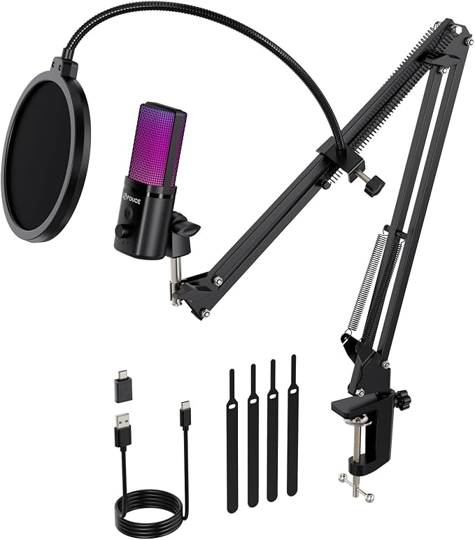 Gaming USB Microphone, RGB Condenser mic with Mute, Gain, Monitoring, Boom Arm for Streaming, Podcast, Twitch, YouTube, PC, Computer, PS5, (M160+) by FDUCE