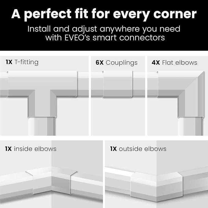 EVEO Cable Hider Wall - 153" Wall Cord Hider, Cable Concealer, Wire Covers for Cords - Wall Cable Hider and Cable Raceway for TV Cord Hider Wire Cover - 10X (L16 x W0.95 x H0.5) - Medium | White - Image 5