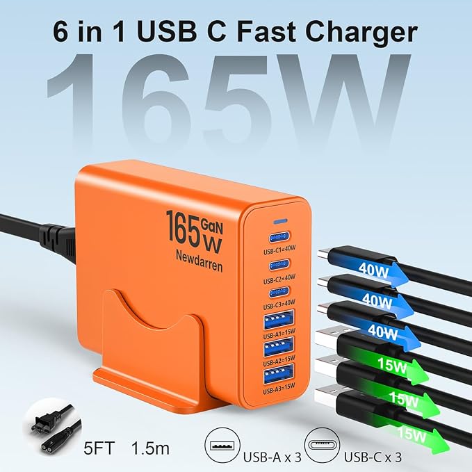 165W Charging Station, 6 Port Desktop Charger, 3 Ports 40W Orange | Multi-Device Charger, 3 PD USB C 40W and 3 15W USB A, Compatible with iPhone, Galaxy, MacBook, Tablets, Home Office, Travel - Image 2