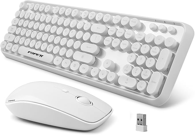 Wireless Keyboard and Mouse Combo - 2.4G Full-Sized White Keyboard with Round Keycaps 104 Keys Typewriter Keyboard for Laptop/Windows/PC - White by FOPETT