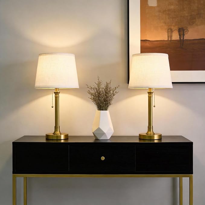 19.5" Small Table Lamp for Bedroom, Modern Brass Gold Lamp, USB A+C | Pull Chain Switch Bedside Table Lamps, White Shade, Small Nightstand Lamps for Living Room End Table & Desk Light - Image 7