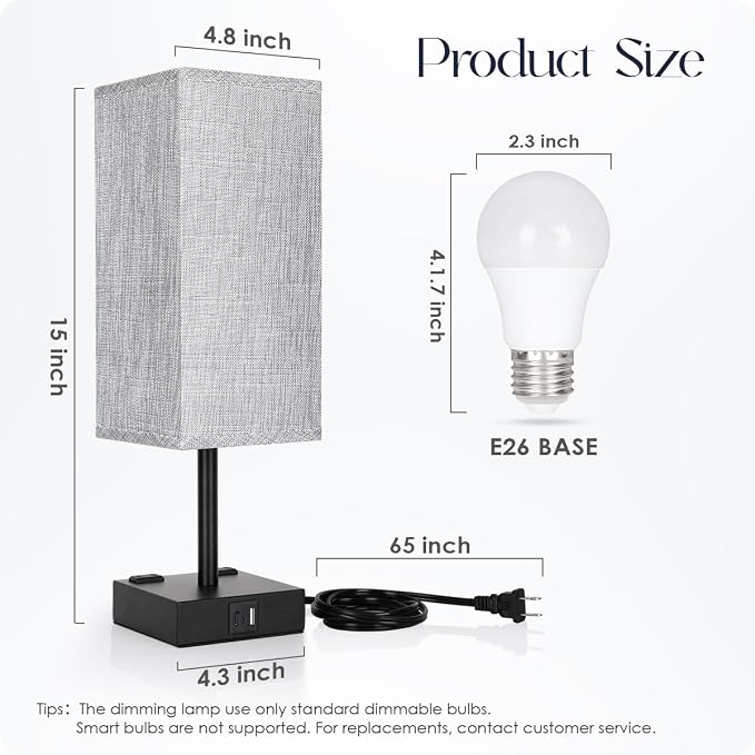 Bedside Table Lamps Set of 2 - Touch Nightstand Lamp for Bedroom with USB C+A Charging Ports & AC Outlets, 3-Way Dimmable Desk Lamp Grey Fabric Shade for Bedroom Living Room, Office(Bulb Included) - Image 3