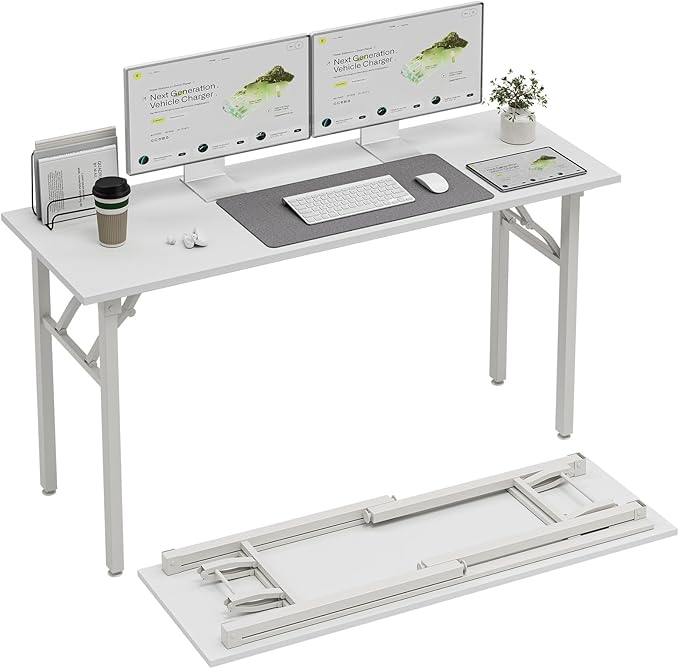 TEMI Long Computer Desk Folding Table - 55.1" Foldable Office Desk, No Assembly, Perfect Writing Table for Bedroom or Apartment, Portable Large Desk or Study Table with Compact Design, White Ash by TEMI