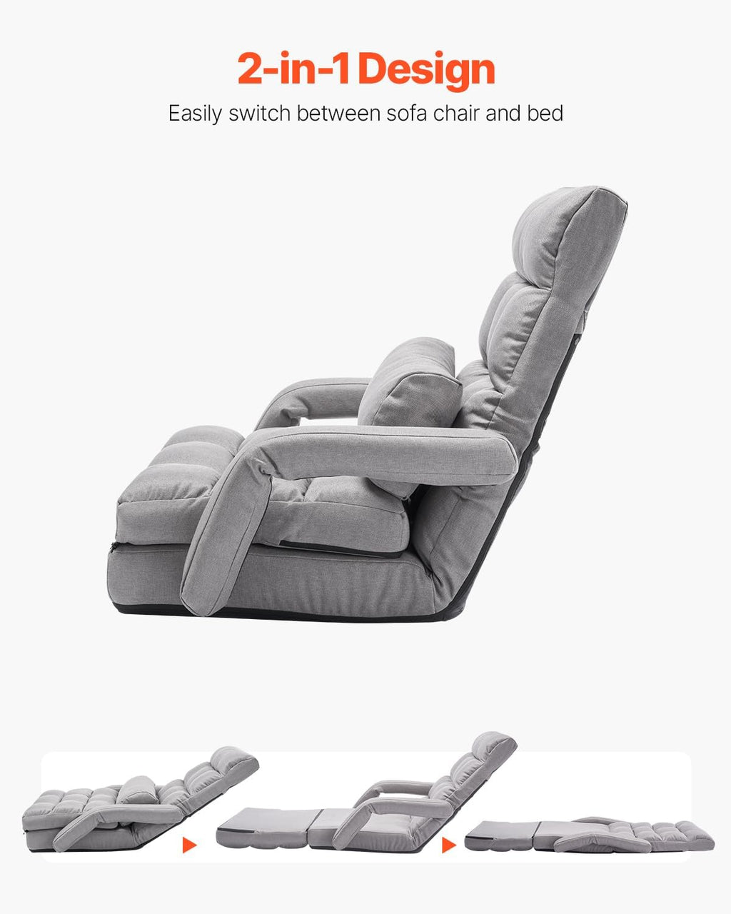 VEVOR Floor Chair, Floor Gaming Chair with 5 Adjustable Position and Back Support, Folding Sofa Chair with Armrest, Sofa Lounger Bed with Back Cushion for Living Room and Bedroom, Gray - Image 7