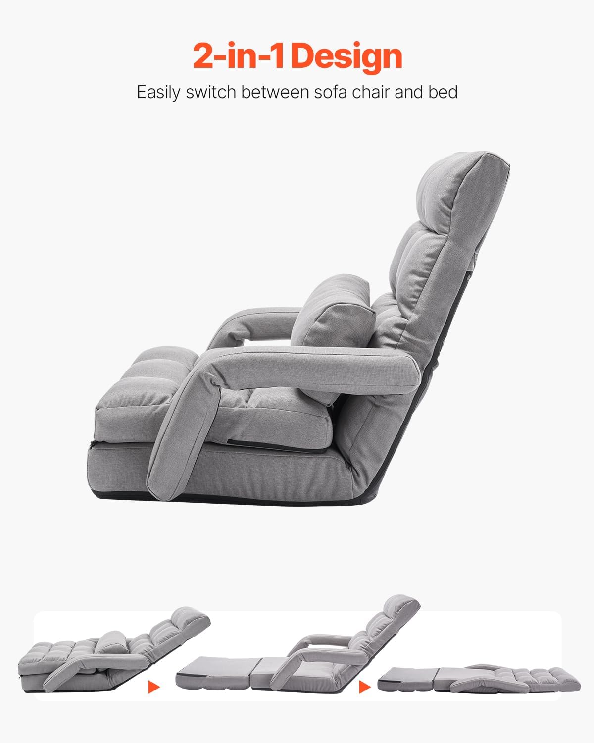VEVOR Floor Chair, Floor Gaming Chair with 5 Adjustable Position and Back Support, Folding Sofa Chair with Armrest, Sofa Lounger Bed with Back Cushion for Living Room and Bedroom, Gray - Image 7