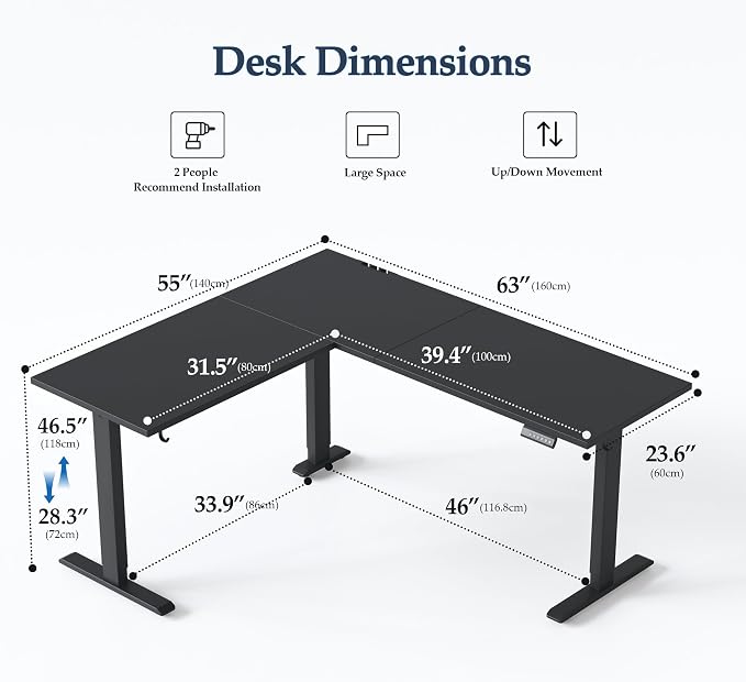 Klicelor L Shaped Standing Desk 63 x 55 Inch, Electric Height Adjustable Corner Desk for Home Office Workstation, Ergonomic Sit Stand Computer Table with Memory Controller, Black - Image 3