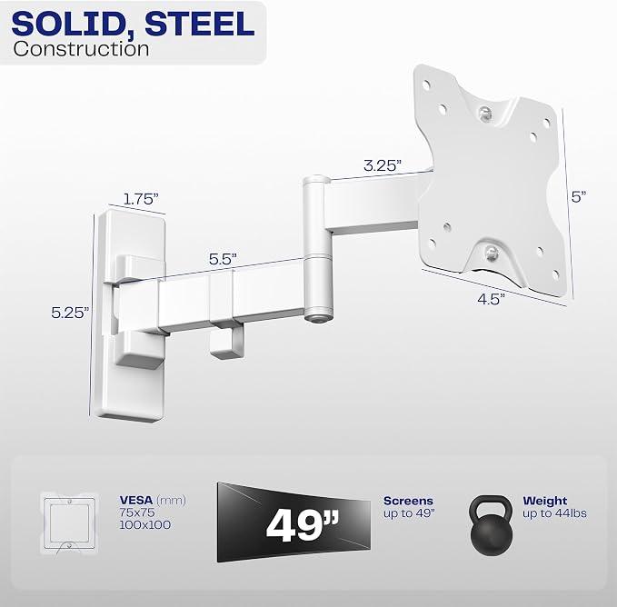VIVO Full Motion Ultrawide Monitor Wall Mount, Fits Ultra-Wide Screens up to 49 inches and 44 lbs, Tilt and Swivel Arm, White, MOUNT-VW01MW - Image 3