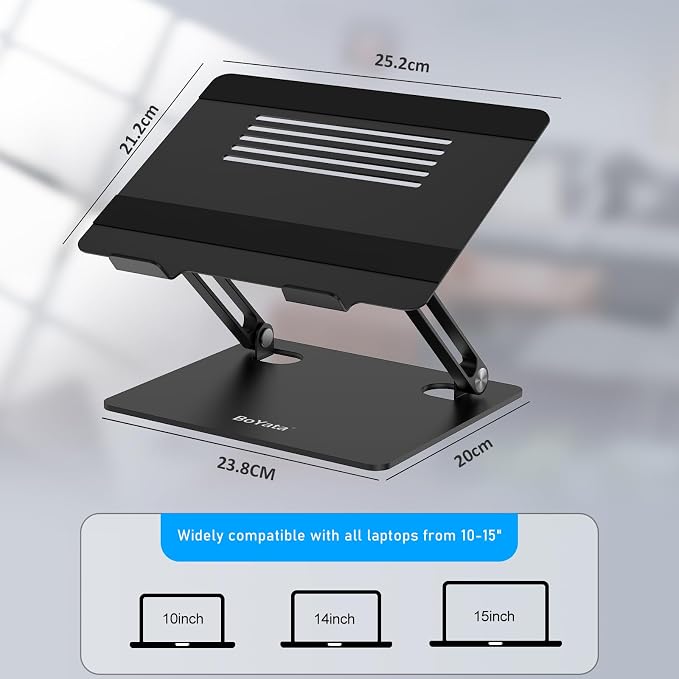 BoYata Laptop Stand, Adjustable Metal Desktop Riser, Up to 15 Inches, Black | Slide-Proof Silicone Pads and Protective Hooks Provide Stable Support for MacBook, Notebooks and Laptops up to 15 Inches - Image 4
