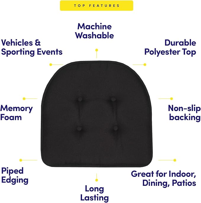 Sweet Home Collection Chair Cushion Memory Foam Pads Tufted Slip Non Skid Rubber Back U-Shaped 17" x 16" Seat Cover, 4 Count (Pack of 1), Black - Image 5