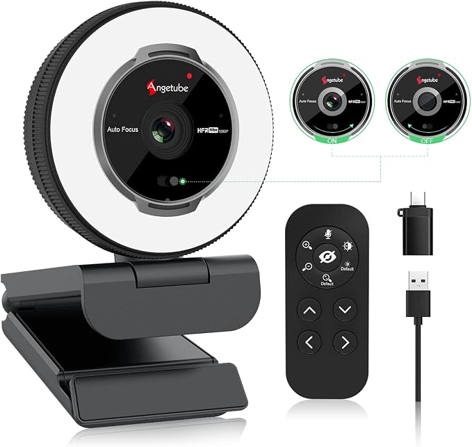 Angetube Streaming Webcam with Microphone, USB 1080P Web Cam w/Ring Light | Remote Control, 1080P@60FPS, 5X Digital Zoom, Built in Privacy Cover, HD Computer Web Camera for Desktop, PC, Laptop, Mac by Angetube