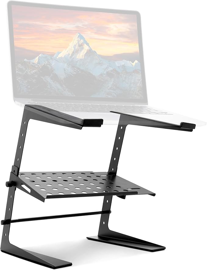 Pyle Adjustable DJ Laptop Stand with Two-Tier Storage Shelf – Portable Table for Laptop, CD Player, DJ Controller, EFX/Lighting Gear, 4 Heights, Durable, 8 lb Capacity by PyleUSA