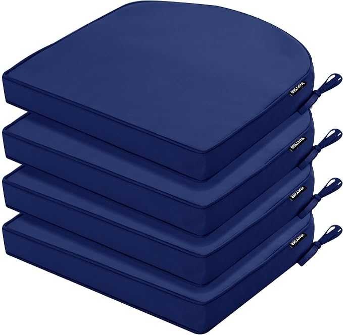 Outdoor Chair Cushions Set of 4, 17 x 16 Inch Waterproof Seat Pads | 3 Year Color Fastness Thick Patio Chair Cushion with Ties for Garden Lawn Sofa Couch, Navy Blue by COMCAVER