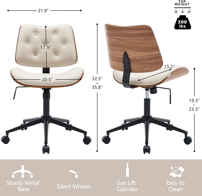 Armless Home Office Chair in Button Style, PU Leather Small, Beige | PU Leather Adjustable Height Computer Desk Chair, 360 Swivel Small No Arms Office Seat, Walnut Design Stool, 300LBS Cap - Image 2