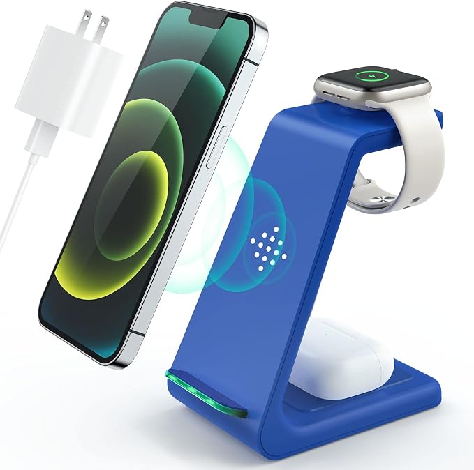 3 in 1 Wireless Charging Station, 2026 Upgraded Fast Desk Charger Station for iPhone 17 16 15 14 13 12 Pro Max Plus, Charger Stand for Apple Watch 10 9 8 7 6 5 4 3 2 SE, Airpods 4 3 2 Pro(Blue) by LABJOB