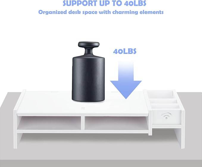 White Monitor Stand Riser, MDF Laptop Riser Shelf with Organizer(4.7" Hx8.1 Wx19.5 L) - Image 2