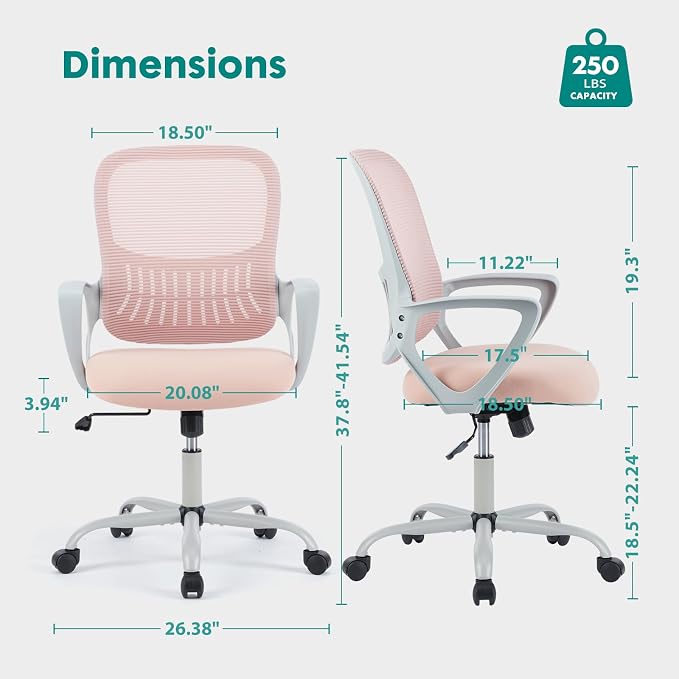 OLIXIS Home Office Chair, Mesh Desk Chair, Ergonomic Lumbar Support | Mid Back Computer Ergonomic, Height Adjustable Swivel Task, Large Seat Armrest, Adults, Pink - Image 2
