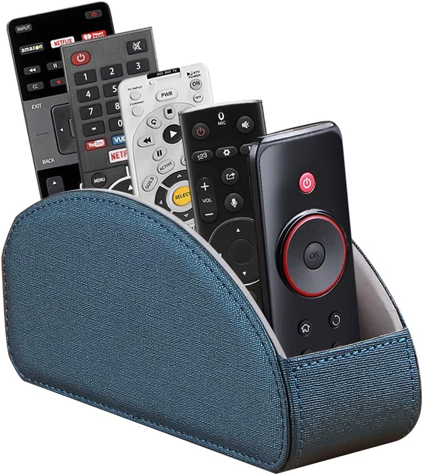 Leather Remote Control Holder,TV Remote Caddy with 5 Compartments,Desktop Organizer,for Store TV,DVD,Blu-Ray,Media Player,Heater Controllers(Blue) by Arniche