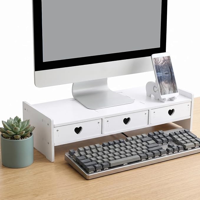 Tofficu Computer Monitor Riser with Drawer White Desk Shelf for Monitor and Keyboard Storage Rack Office Desk Organizer for Laptop Stand Riser for Home Office - Image 9