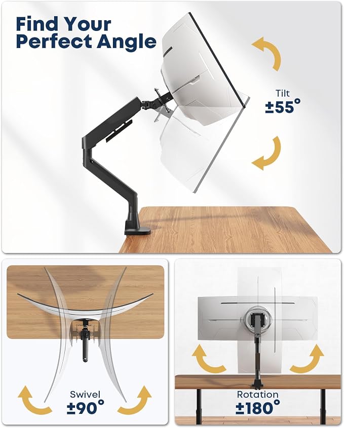 Ultrawide Monitor Arm fits 17-49 Inch Heavy Duty Flat/Curved Monitor | Cable Management, Full Motion, Gas Spring Arm, Holds 35.2 lbs with Clamp & Grommet Desk Mount, VESA 75/100mm, Black - Image 8