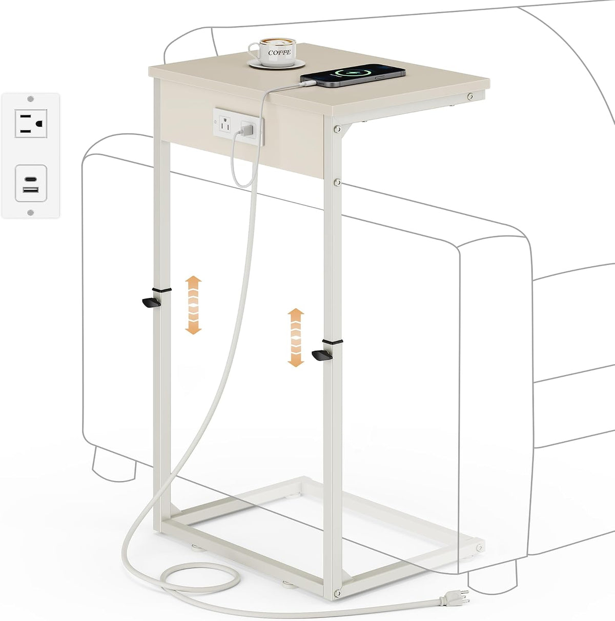 C Shaped End Table with Charging Station, Adjustable Height Side Table for Couch, Small Side Table, 33.2'' Tall Couch Tables that Slide Under, Tv Tray End Table for Living Room, Beige by Vagusicc
