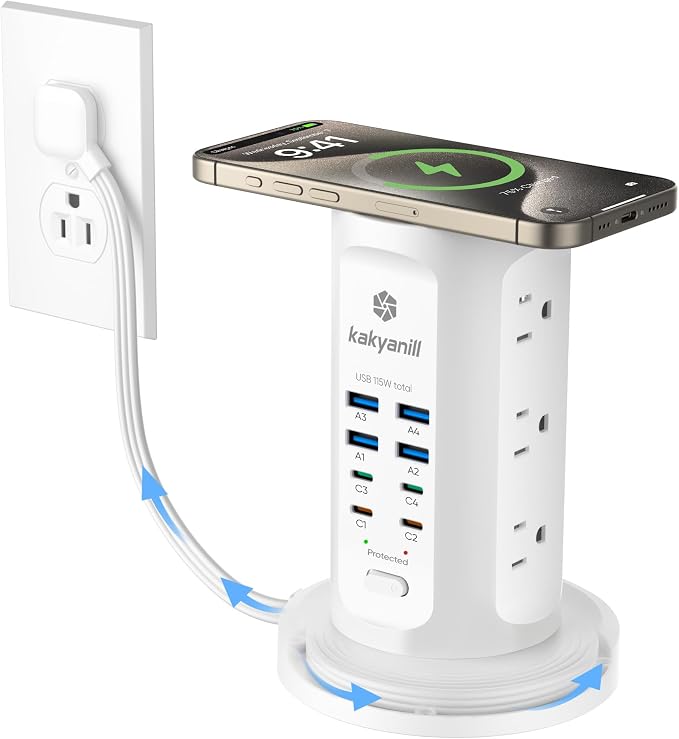 Power Strip Tower, kakyanill PD 65W Charging Station 9 AC Outlets 8 USB | 6 Ft Retractable Extension Cord, 15W Wireless Charger, White by kakyanill