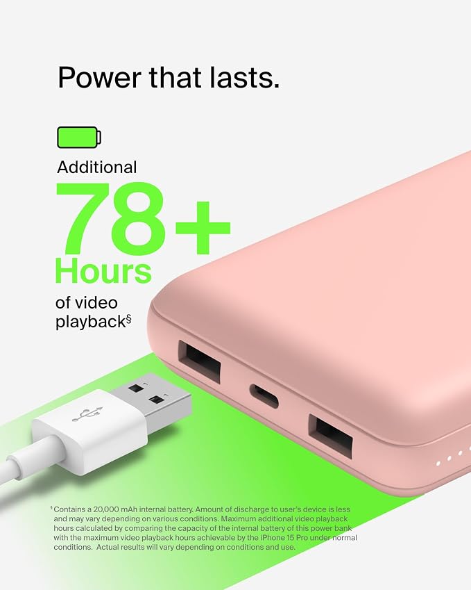 Belkin 20000mAh 15W 3 Port Power Bank, USB A to USB C Cable Included | Fast Charging, iPhone 17, Samsung Galaxy, Pixel, Airpods, iPad, Nintendo Switch 2, Battery Pack, USB C Port, USB A Port - Image 7