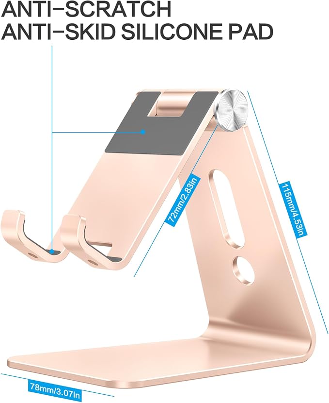 OMOTON Adjustable Cell Phone Stand, C2 Aluminum Desktop Phone Dock Holder Compatible with iPhone 15 14 13 Pro, SE, XR, 8 Plus 7 6, Samsung Galaxy, Google Pixel and More, Gold | Sturdy 3mm Aluminum, Charging Port, 270° Adjustable, Non-Slip Silicone Pads... - Image 3