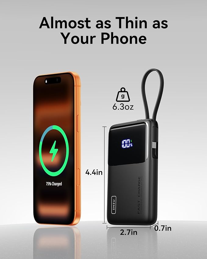 INIU Portable Charger, Smaller 45W Fast Charging Power Bank, 10000mAh Black | Flight-Safe for Travel, Built in USB C Cable, LED Display, Battery Pack for iPhone 17 16 Pro, Samsung S26, iPad etc - Image 2