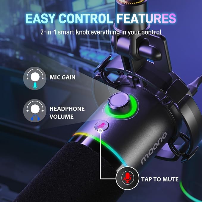 MAONO PD200X XLR/USB Dynamic Microphone, RGB Gaming Mic with Software | PC Mic with Mute, Gain Knob, Volume Control and Headphone Jack for Gaming, Streaming, Podcasting, Recording - Image 5