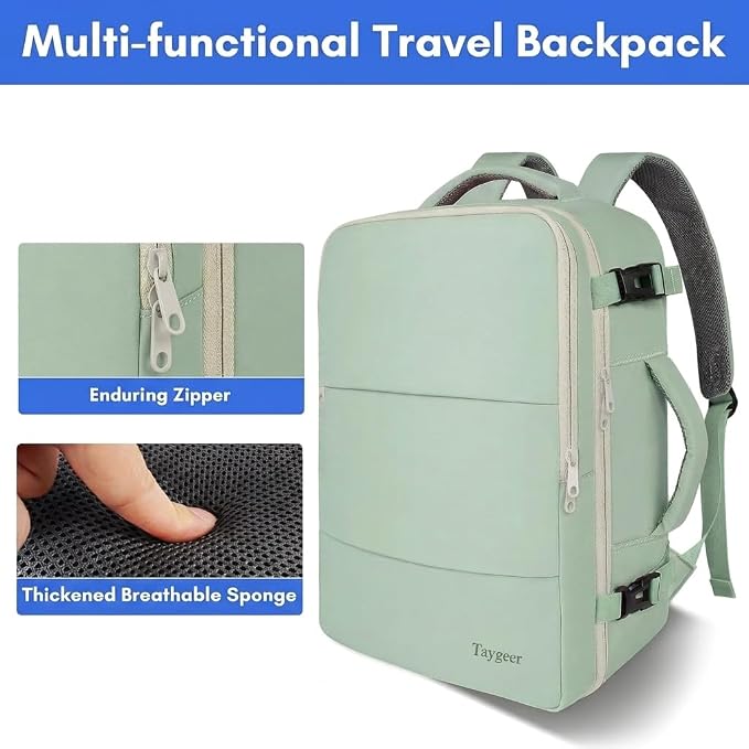 Taygeer Carry On Backpack, 35L Travel Backpack for Women Airline Approved | Cute Underseat Personal Item Travel Bag with Shoe Compartment, Casual Daypack Gifts for Friend Weekend, Green Beige - Image 8
