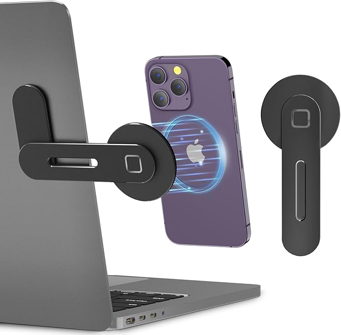 CloudValley Adjustable Laptop Stand, Magnetic Phone Holder | Aluminum Slim Monitor Side Mount Clip for iPhone MagSafe & All Phones, Portable Foldable Computer Expansion Bracket, Black by CloudValley