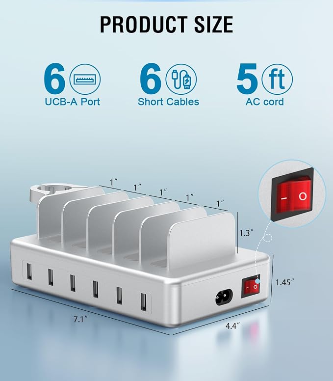 Charging Station for Multiple Devices,50W 6 Port & 6 Cables Charger Station | for Apple Device with Watch Holder, Charging Dock for Cellphone, Kindle, Tablet and Other Electronic (Sliver) - Image 7