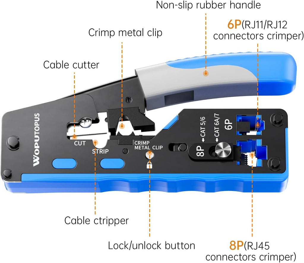 RJ45 Crimp Tool Kit Pass Through, Ethernet Crimping Tool for Cat5/5e/6/7, Includes 50-Pack Cat6 Pass Thru Connectors and 50-Pack Boots - Image 2
