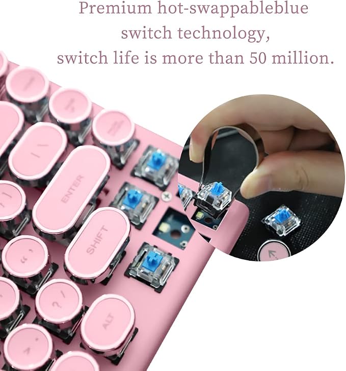 Adventurers Typewriter-Style Retro Mechanical Keyboard LED Backlight 83 Keys Bluetooth 5.0 Blue Axis,Compatible with iOS/Android/Windows/Vista/Linux/Mac Office/Gaming, 12.3x6.6x1.6in (Pink) - Image 6