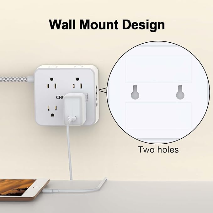 Surge Protector Power Strip - CHCORE 6Ft Braided Extension Cord with 8 Outlets with 4 USB (2 USB C) Charging Ports, Flat Plug Multi Plug Outlet Extender Charging Station for Home Office, ETL, White - Image 5