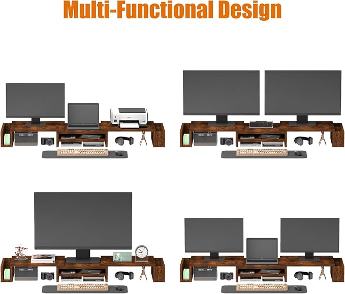 Wood Dual Monitor Stand Riser, Desk Organizers and Accessories with Storage Pen Holders, Adjustable Length and Angle 3 Shelf Extra Long 46" Desktop Organizer for 2 Monitors, Computer, Laptop, TV,Rustic Brown (Triple) - Image 8