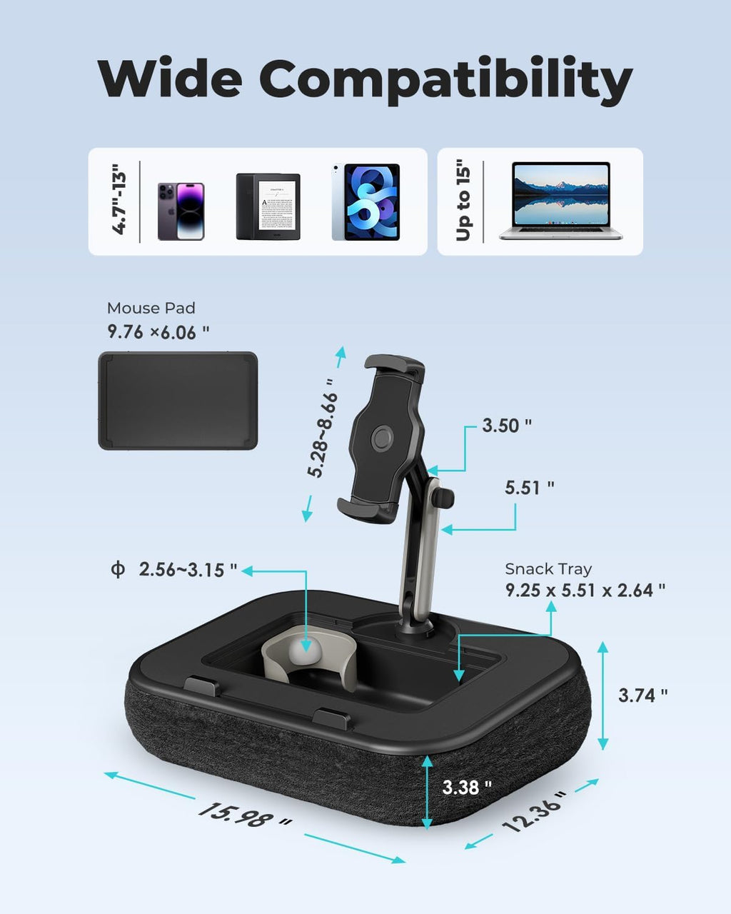 Viozon Kindle Pillow Stand Holder, Phone holder for Bed, Laptop Lap Desk with Mouse Pad,Compatible with 4.7-13" Kindle/Tablet/Phone,10-15"Laptop, Snack Bowl&Cup Attachment&Detachable 360°Stand Arm, B - Image 4