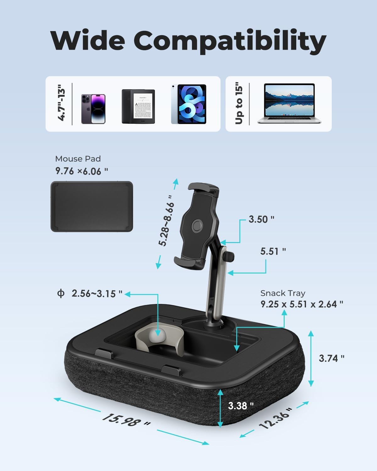 Viozon Kindle Pillow Stand Holder, Phone holder for Bed, Laptop Lap Desk with Mouse Pad,Compatible with 4.7-13" Kindle/Tablet/Phone,10-15"Laptop, Snack Bowl&Cup Attachment&Detachable 360°Stand Arm, B - Image 4