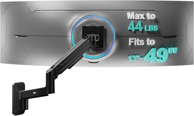 WALI Monitor Wall Mount for 13-49 inch Ultrawide Screens, up to 44 lbs | Heavy Duty Ultrawide Monitor Arm, Wall Mounted, Full Motion with Tilt, Swivel, Rotation, VESA 75/100mm (GSWM001-P), Black by WALI