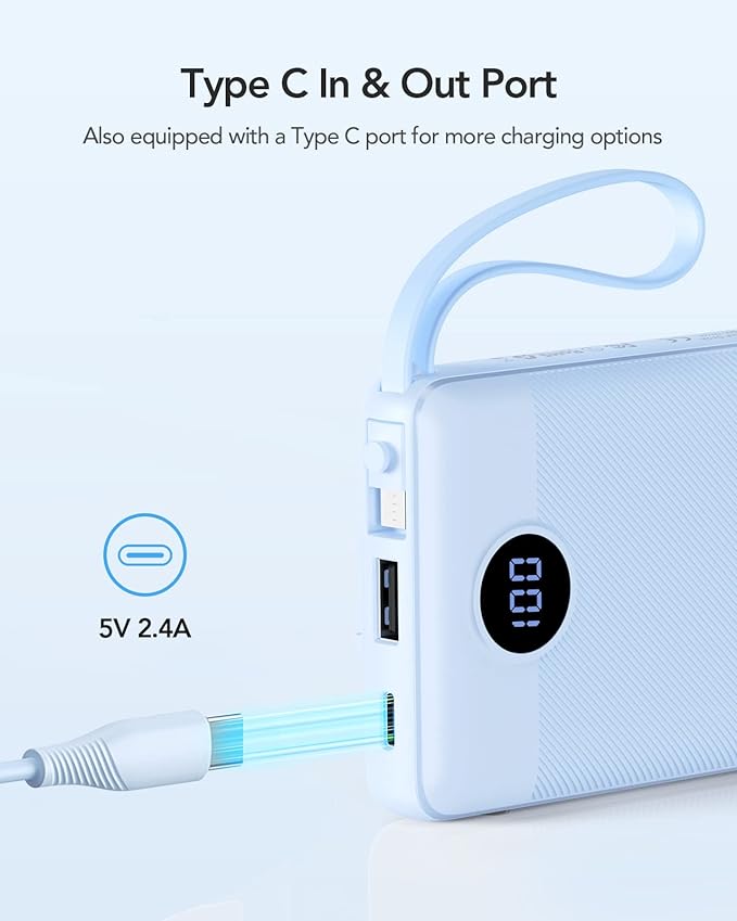 VRURC Portable Charger Power Bank, Built-in 4 Cables & 2 Ports 10000mAh | LED Display Slim Battery Pack,Compact Travel Essential Portable Phone Charger 5 Output for Multi Devices,Student/Teens(1Pack) - Image 4