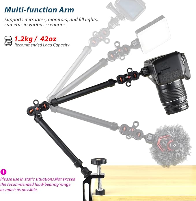 21"/53cm Adjustable Magic Arm with Super Clamp, Overhead Phone Mount, Heavy Duty Desk Camera Mount & Clamp,Flexible Joints Articulating Friction Arm for Light, Webcam, Mic, Action Camera - Image 2