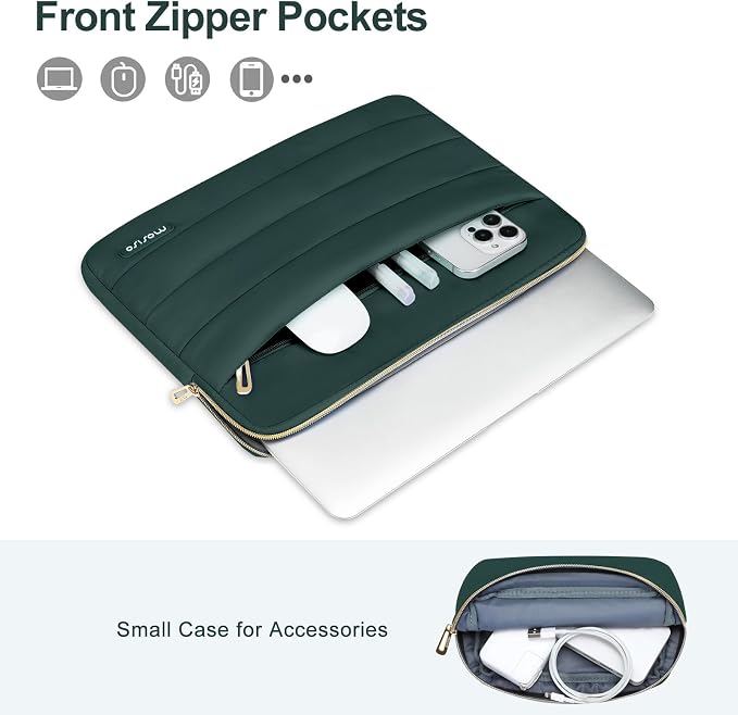 MOSISO Laptop Case 13.3 inch,13-13.3 inch Puffy Laptop Sleeve Carrying Case | Compatible with MacBook Neo/Air 13.6/Pro 13/14, HP Dell ASUS Lenovo, Polyester Horizontal Bag with Small Case, Peacock Green - Image 2